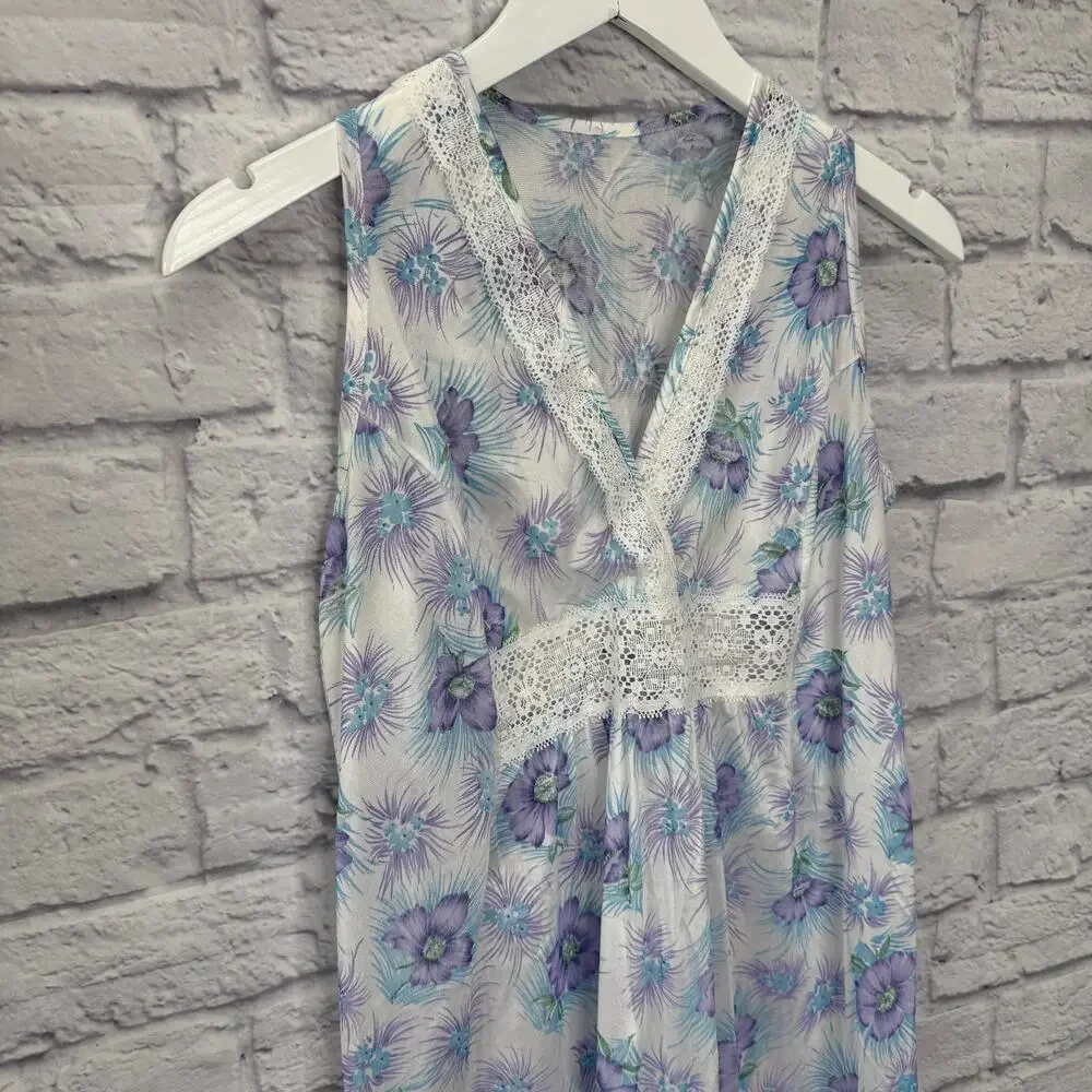 Vintage Figurfit Midi Nightgown Size S Purple White Floral Sleeveless Crochet
